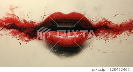 An image of red lips blowing a kiss in the air on a white background 120452403