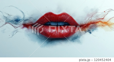 An image of red lips blowing a kiss in the air on a white background 120452404