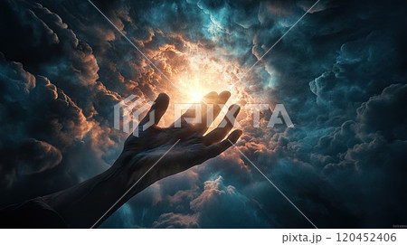 hand reaches out to the sky and clouds, religion 120452406