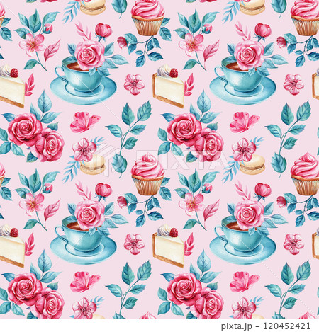 Blue cup with saucer with flowers, cupcake, cheesecake, macaroon. Watercolor seamless pattern with roses and sweets Blue cup with saucer with flowers, cupcake, cheesecake, macaroon. Watercolor seamless pattern with roses and sweets 120452421