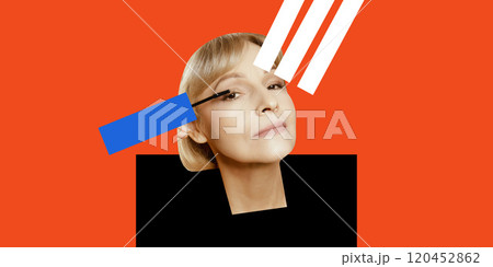 Contemporary art collage. Portrait of woman with geometric and organic shapes overlaying her face, representing artistic creativity and uniqueness. 120452862