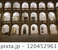 The arcaded inner courtyard of The Styrian Armoury (Landhaus building), a masterpiece of the Italian Renaissance, by night, in Graz, Steiermark, Austria 120452961