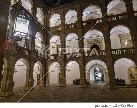 The arcaded inner courtyard of The Styrian Armoury (Landhaus building), a masterpiece of the Italian Renaissance, by night, in Graz, Steiermark, Austria The arcaded inner courtyard of The Styrian Armoury (Landhaus building), a masterpiece of the Italian Renaissance, by night, in Graz, Steiermark, Austria 120452962