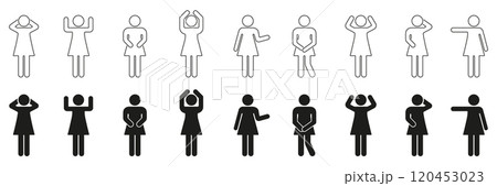 Set of Female Human Figure Line and Silhouette Icons. Woman Stick Figure Gesture Poses and Expression Outline and Solid Collection. Editable Stroke. Isolated Vector Illustration 120453023