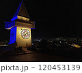 The famous Clock Tower (Grazer Uhrturm) on Shlossberg hill, Graz, Styria region, Austria, by night 120453139