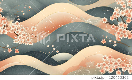 桜と波模様が描かれた和風背景 120453362