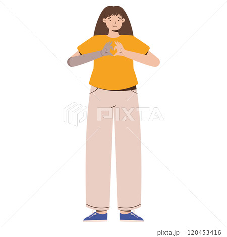 Inclusive Illustration of a Woman with Prosthetic Arm Showing Heart Gesture Representation of Positivity and Diversity in Casual Style Inclusive Illustration of a Woman with Prosthetic Arm Showing Heart Gesture Representation of Positivity and Diversity in Casual Style 120453416