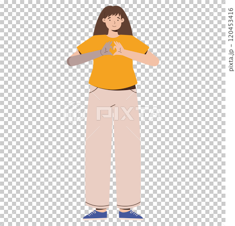 Inclusive Illustration of a Woman with Prosthetic Arm Showing Heart Gesture Representation of Positivity and Diversity in Casual Style Inclusive Illustration of a Woman with Prosthetic Arm Showing Heart Gesture Representation of Positivity and Diversity in Casual Style 120453416