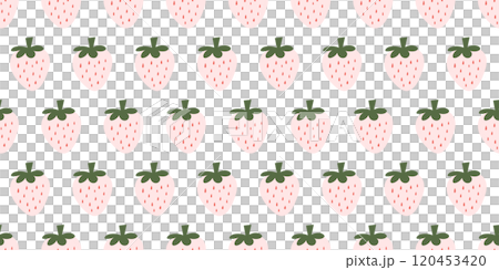 Cute seamless pattern featuring pastel pink strawberries with green leaves on a clean white background. Ideal for textile design, wallpaper, and creative projects. 120453420