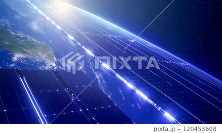 地球を背景に太陽光パネルが反射した太陽の光 120453608