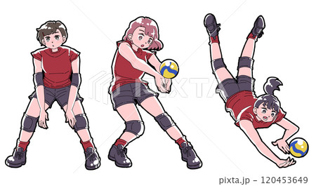 レシーブをする女の子のイラストセット レシーブをする女の子のイラストセット 120453649