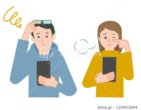 老眼、かすみ目、見えづらくて困りながらスマホを見る若い夫婦のイラスト 老眼、かすみ目、見えづらくて困りながらスマホを見る若い夫婦のイラスト 120453694
