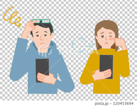 老眼、かすみ目、見えづらくて困りながらスマホを見る若い夫婦のイラスト 老眼、かすみ目、見えづらくて困りながらスマホを見る若い夫婦のイラスト 120453694