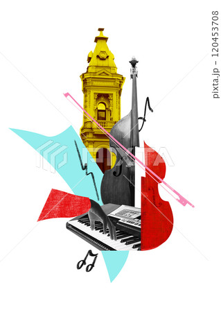 Poster. Contemporary art collage. Bright yellow historic church tower, double bass, and keyboard in colorful, abstract arrangement celebrating music. 120453708