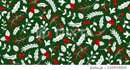 Seamless pattern with white silhouette of holly leaves, sprigs and red berries 120454003