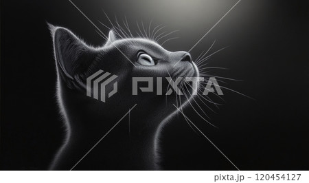 Grey cat gazes thoughtfully with illuminated profile against dark background 120454127