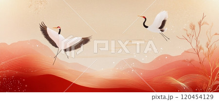 Cranes soaring gracefully over misty mountains at sunset with soft colors 120454129