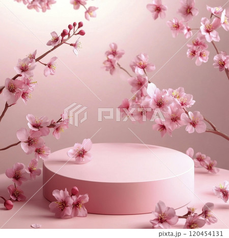 Soft pink cherry blossoms accentuating a minimalist display area for design and decoration 120454131