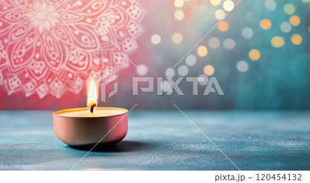 Candlelight shines softly on intricate mandala design during festive celebration 120454132