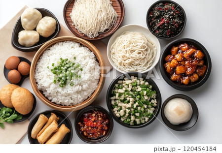 Delicious Asian dining spread featuring various dishes and flavors to enjoy with family 120454184