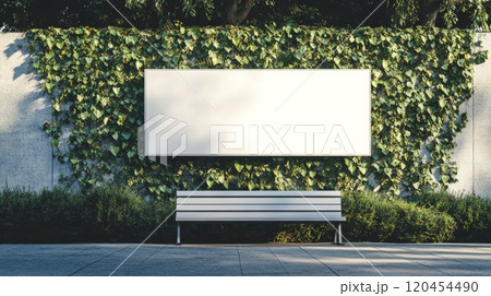 Blank billboard surrounded by lush greenery and a wooden bench in a quiet park 120454490