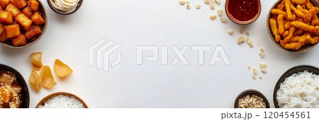 Variety of colorful dishes arranged neatly on a white surface showcasing diverse cuisine options 120454561