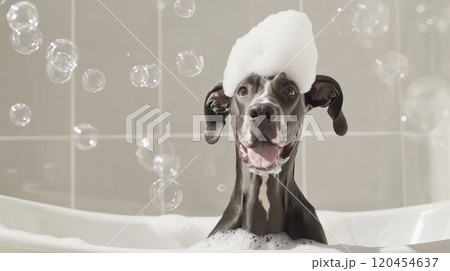 Cute Dog in Bathtub with Bubbles and Soap on Head, Smiling in Funny Style, High-Definition Photography 120454637