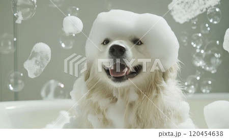Cute Dog in Bathtub with Bubbles and Soap on Head, Smiling in Funny Style, High-Definition Photography 120454638
