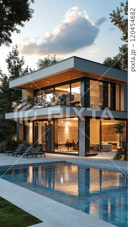 Luxurious villa with elegant architecture and beautiful pool during sunset Luxurious villa with elegant architecture and beautiful pool during sunset 120454682