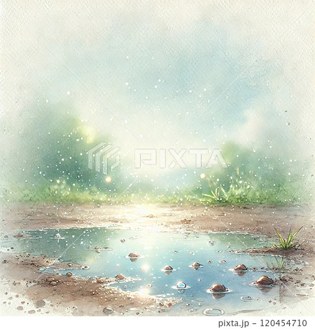 雨上がりの水たまりと光が揺れる風景、水彩タッチアート 120454710
