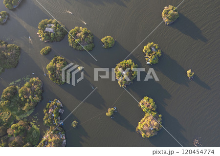 Tropical islands in lake above top view 120454774