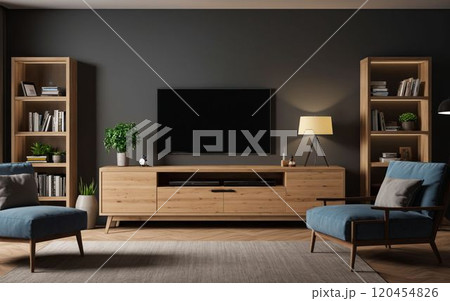 Living room with large flat screen TV 120454826