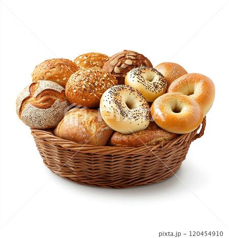 A basket of breads, bagels, and French rolls, isolated on a white background. 120454910