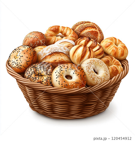 A basket of breads, bagels, and French rolls, isolated on a white background. A basket of breads, bagels, and French rolls, isolated on a white background. 120454912