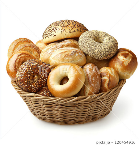 A basket of breads, bagels, and French rolls, isolated on a white background. 120454916