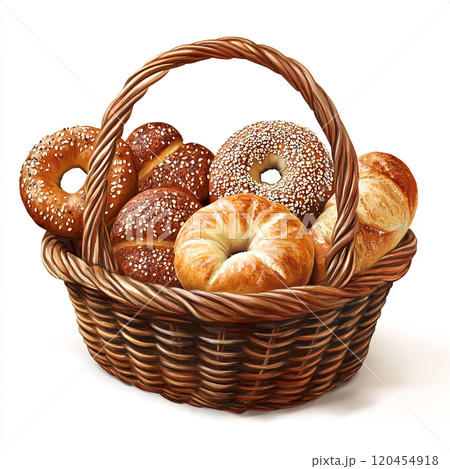 A basket of breads, bagels, and French rolls, isolated on a white background. A basket of breads, bagels, and French rolls, isolated on a white background. 120454918