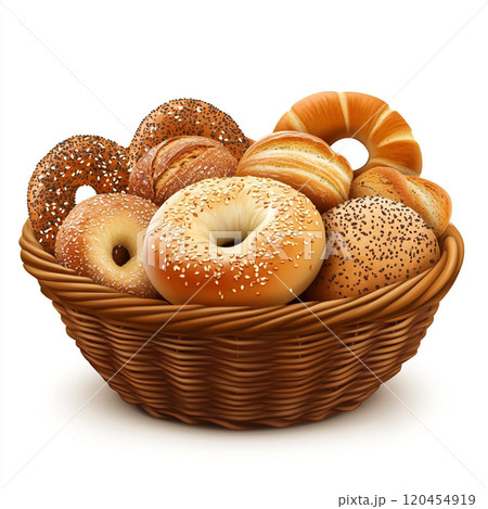 A basket of breads, bagels, and French rolls, isolated on a white background. A basket of breads, bagels, and French rolls, isolated on a white background. 120454919