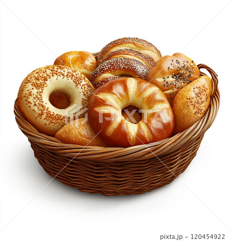 A basket of breads, bagels, and French rolls, isolated on a white background. 120454922