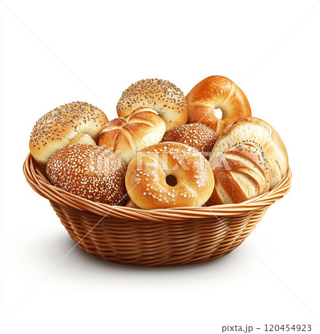 A basket of breads, bagels, and French rolls, isolated on a white background. 120454923