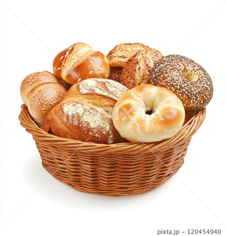 A basket of breads, bagels, and French rolls, isolated on a white background. 120454940