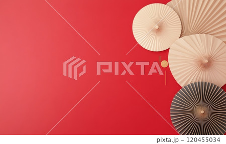 A serene and minimalist artwork featuring red circular elements and traditional motifs 120455034