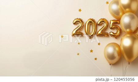 Festive celebration setup featuring gold balloons and 2025 decor for New Year festivities 120455056