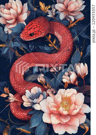 Intricate design featuring a red snake among blooming flowers on a dark background 120455057