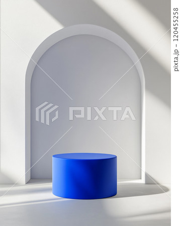 A blue podium isolated on a white background with bright natural light.  120455258