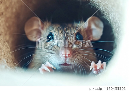 Curious rat peeking out of cardboard hole 120455391