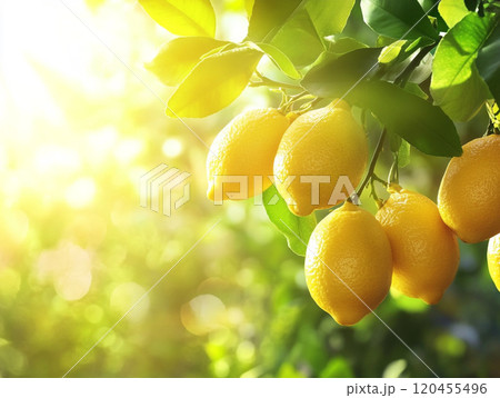 Lemons hanging from a tree branch with green leaves, with sunlight shining through the background. 120455496