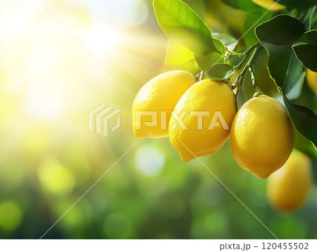 Lemons hanging from a tree branch with green leaves, with sunlight shining through the background. Lemons hanging from a tree branch with green leaves, with sunlight shining through the background. 120455502
