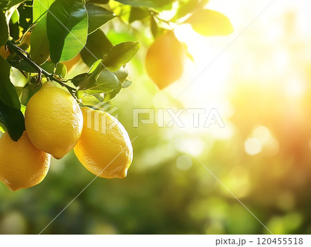 Lemons hanging from a tree branch with green leaves, with sunlight shining through the background. 120455518