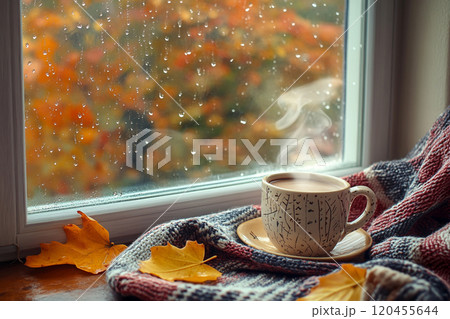 A cozy autumn scene with an open window, showcasing colorful leaves and falling raindrops outside, while inside there's steam rising from the coffee mug on the windowsill. A cozy autumn scene with an open window, showcasing colorful leaves and falling raindrops outside, while inside there's steam rising from the coffee mug on the windowsill. 120455644