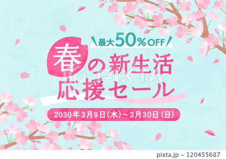 春の桜の背景イラスト　素材　さくら　花　かわいい　テンプレート　満開　新生活　お祝い　コピースペース 120455687